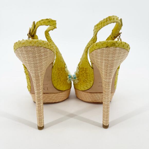 Dior Yellow Python Snakeskin Raffia Embroidered Slingback Platform Heels EU 38 - Picture 7 of 12